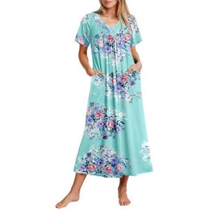 imageEkouaer Long Nightgowns for Women Short Sleeve House Dress with Pockets Full Length Loungewear S3XLBlue Flower
