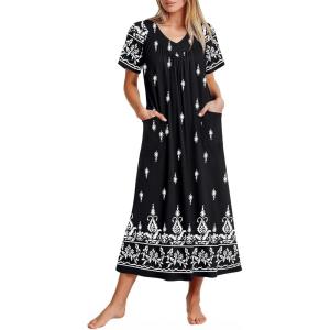 imageEkouaer Long Nightgowns for Women Short Sleeve House Dress with Pockets Full Length Loungewear S3XLFloral Black
