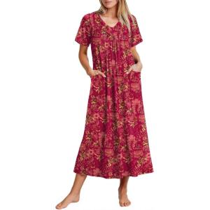 imageEkouaer Long Nightgowns for Women Short Sleeve House Dress with Pockets Full Length Loungewear S3XLFloral Red
