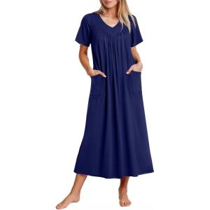 imageEkouaer Long Nightgowns for Women Short Sleeve House Dress with Pockets Full Length Loungewear S3XLNavy Blue