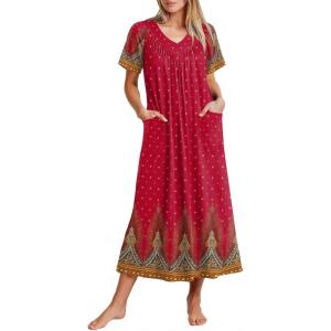 imageEkouaer Long Nightgowns for Women Short Sleeve House Dress with Pockets Full Length Loungewear S3XLPeacock Feather