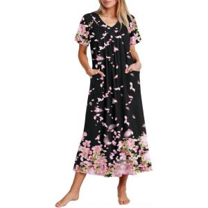 imageEkouaer Long Nightgowns for Women Short Sleeve House Dress with Pockets Full Length Loungewear S3XLPnik Flower
