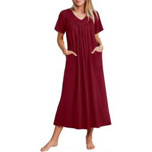 imageEkouaer Long Nightgowns for Women Short Sleeve House Dress with Pockets Full Length Loungewear S3XLWine Red