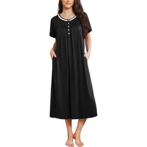 imageEkouaer Long Nightgowns for Women Short Sleeve Sleepshirt Button Sleep Dress with PocketsBlack