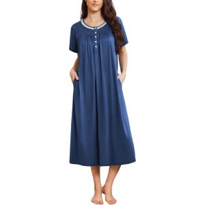 imageEkouaer Long Nightgowns for Women Short Sleeve Sleepshirt Button Sleep Dress with PocketsBlue