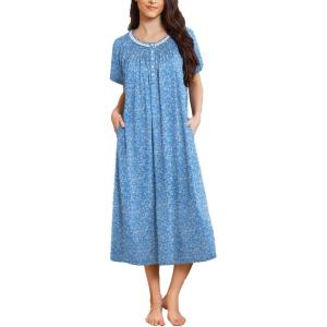 imageEkouaer Long Nightgowns for Women Short Sleeve Sleepshirt Button Sleep Dress with PocketsBlue Flower