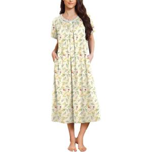 imageEkouaer Long Nightgowns for Women Short Sleeve Sleepshirt Button Sleep Dress with PocketsGreen Leaf