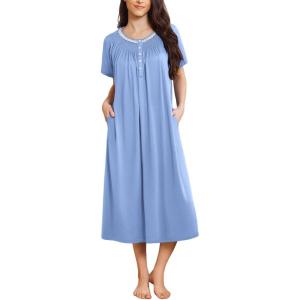 imageEkouaer Long Nightgowns for Women Short Sleeve Sleepshirt Button Sleep Dress with PocketsLight Blue