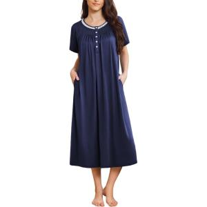imageEkouaer Long Nightgowns for Women Short Sleeve Sleepshirt Button Sleep Dress with PocketsNavy Blue