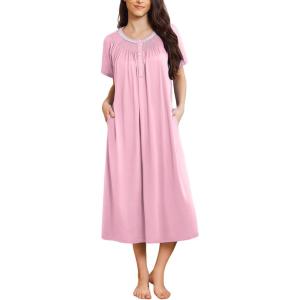 imageEkouaer Long Nightgowns for Women Short Sleeve Sleepshirt Button Sleep Dress with PocketsPink