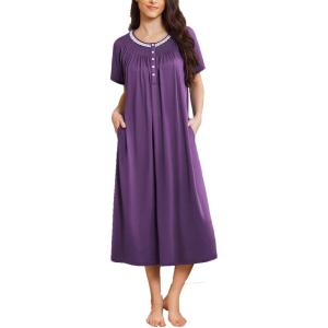 imageEkouaer Long Nightgowns for Women Short Sleeve Sleepshirt Button Sleep Dress with PocketsPurple