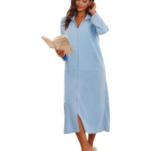 imageEkouaer Women Zipper Robe Long Sleeves House Coat Soft Bathrobe Sleepwear with Pockets Housecoat LoungewearAlight Blue