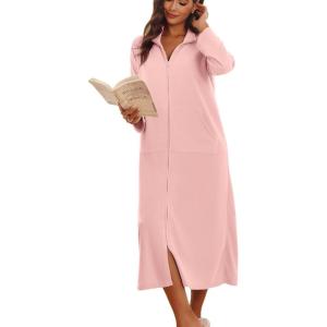 imageEkouaer Women Zipper Robe Long Sleeves House Coat Soft Bathrobe Sleepwear with Pockets Housecoat LoungewearAlight Pink