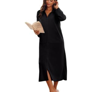 imageEkouaer Women Zipper Robe Long Sleeves House Coat Soft Bathrobe Sleepwear with Pockets Housecoat LoungewearBlack