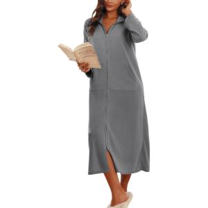 imageEkouaer Women Zipper Robe Long Sleeves House Coat Soft Bathrobe Sleepwear with Pockets Housecoat LoungewearDark Gray
