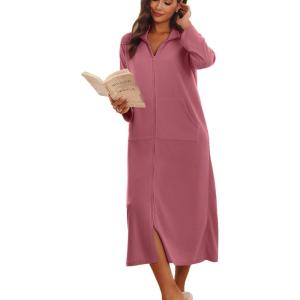 imageEkouaer Women Zipper Robe Long Sleeves House Coat Soft Bathrobe Sleepwear with Pockets Housecoat LoungewearPale Violet Red