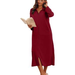 imageEkouaer Women Zipper Robe Long Sleeves House Coat Soft Bathrobe Sleepwear with Pockets Housecoat LoungewearWine Red