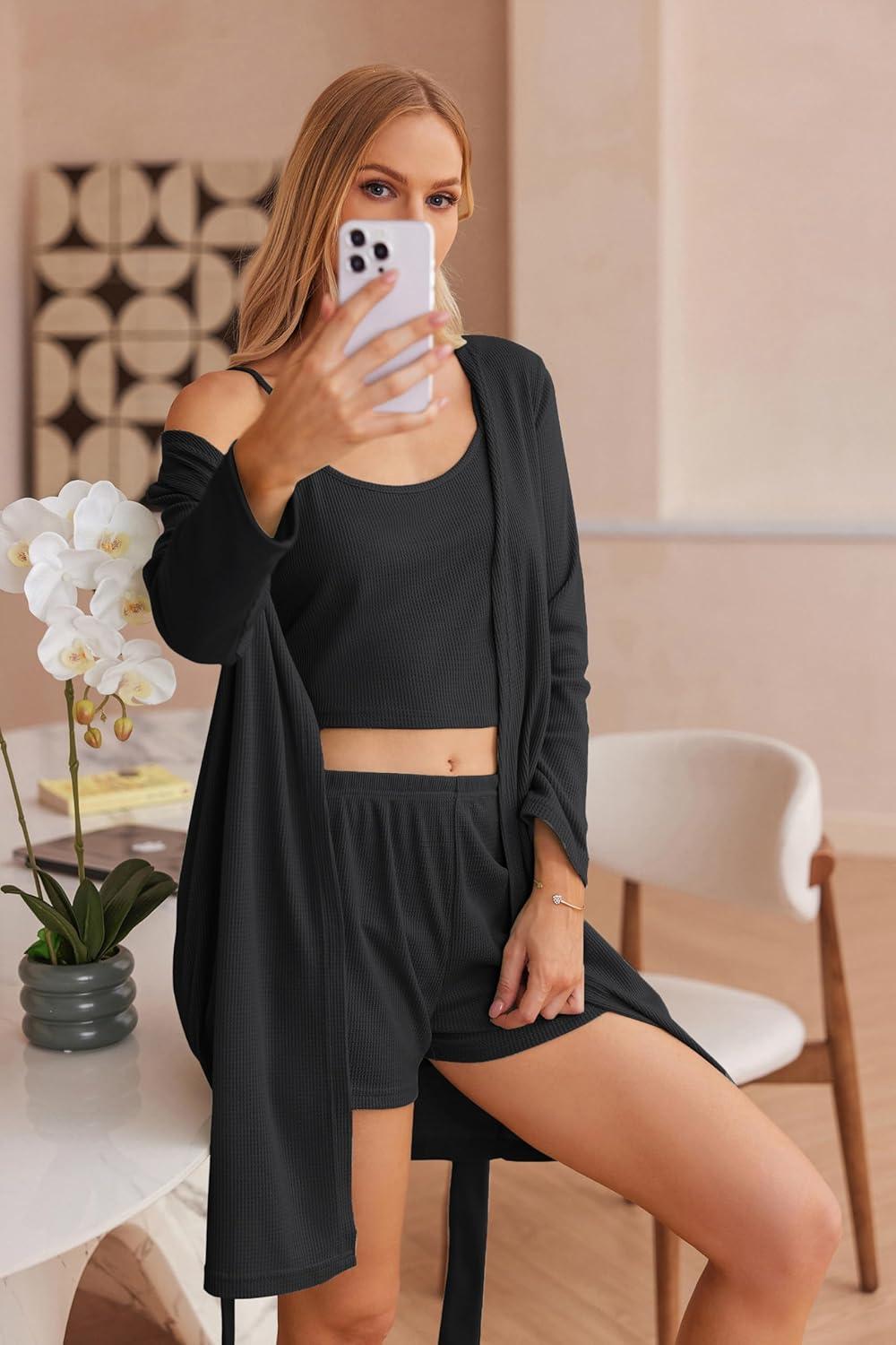 imageEkouaer Pajamas for Women Set 3 Piece Lounge Set Soft Pajama Sets Waffle Knit Tank Top and Shorts Cardigan with Pockets SXXLBlack11