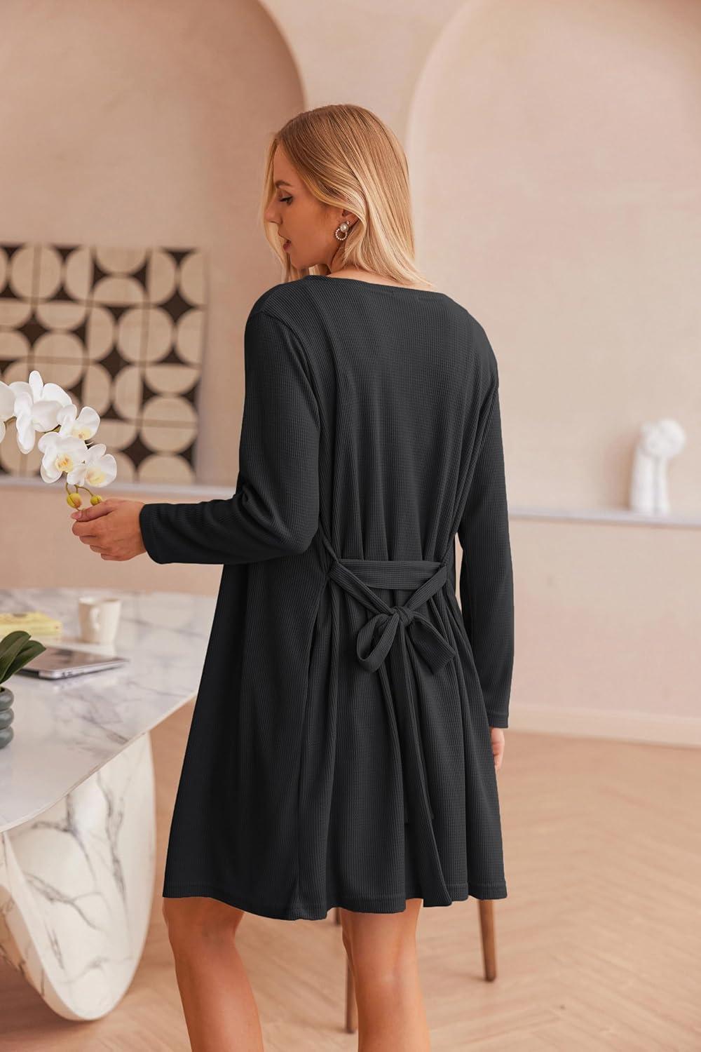 imageEkouaer Pajamas for Women Set 3 Piece Lounge Set Soft Pajama Sets Waffle Knit Tank Top and Shorts Cardigan with Pockets SXXLBlack11