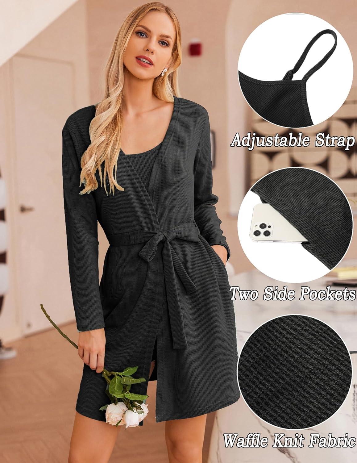 imageEkouaer Pajamas for Women Set 3 Piece Lounge Set Soft Pajama Sets Waffle Knit Tank Top and Shorts Cardigan with Pockets SXXLBlack11