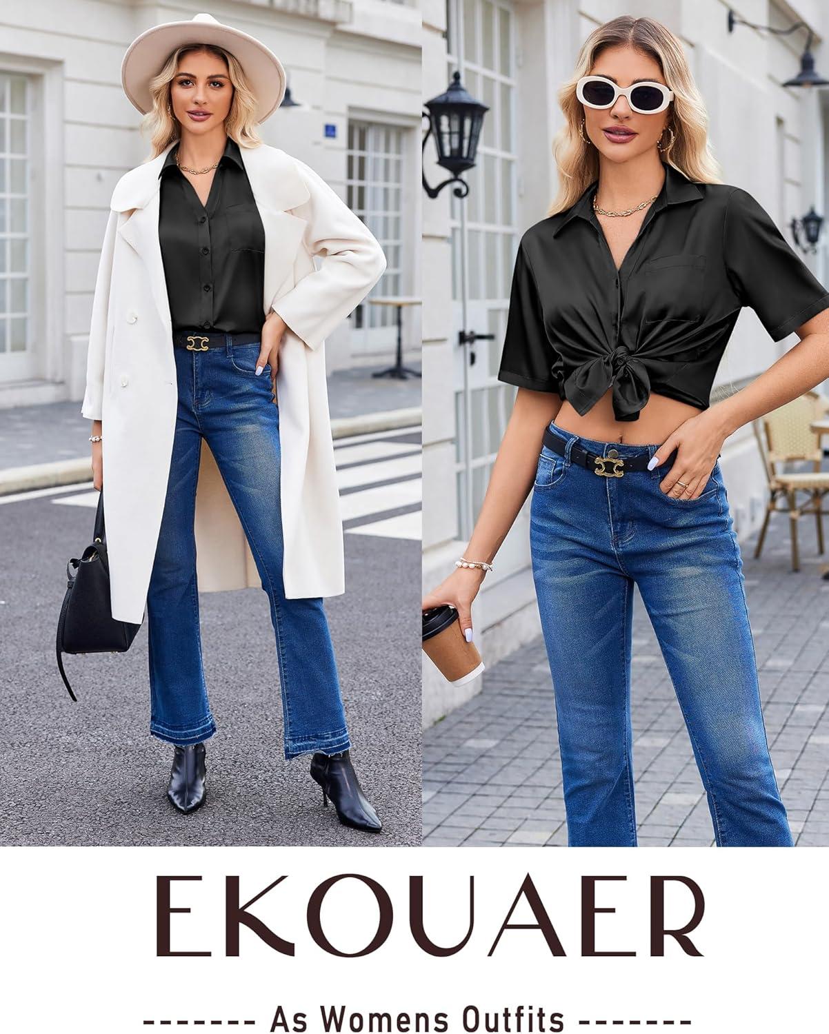 imageEkouaer Silk Pajamas for Womens Set 2 Piece Satin Pjs Soft Button Down Sleepwear Wide Leg Long Pants with PocketsBlack