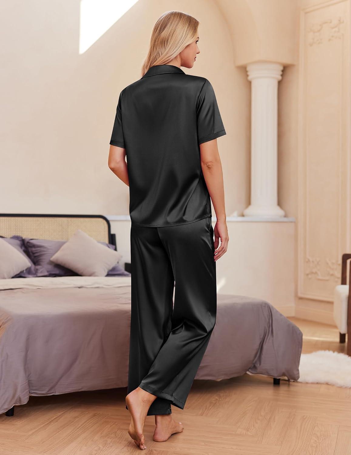 imageEkouaer Silk Pajamas for Womens Set 2 Piece Satin Pjs Soft Button Down Sleepwear Wide Leg Long Pants with PocketsBlack