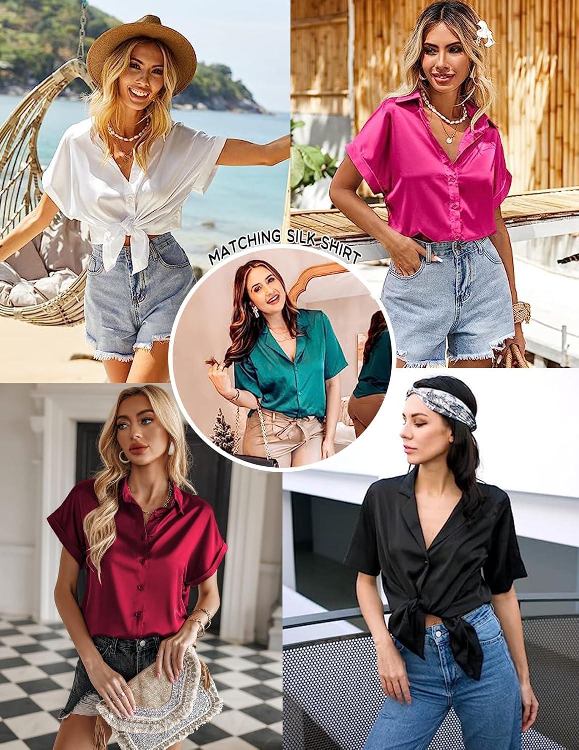 imageEkouaer Silk Pajamas for Womens Set 2 Piece Satin Pjs Soft Button Down Sleepwear Wide Leg Long Pants with PocketsBlue Green