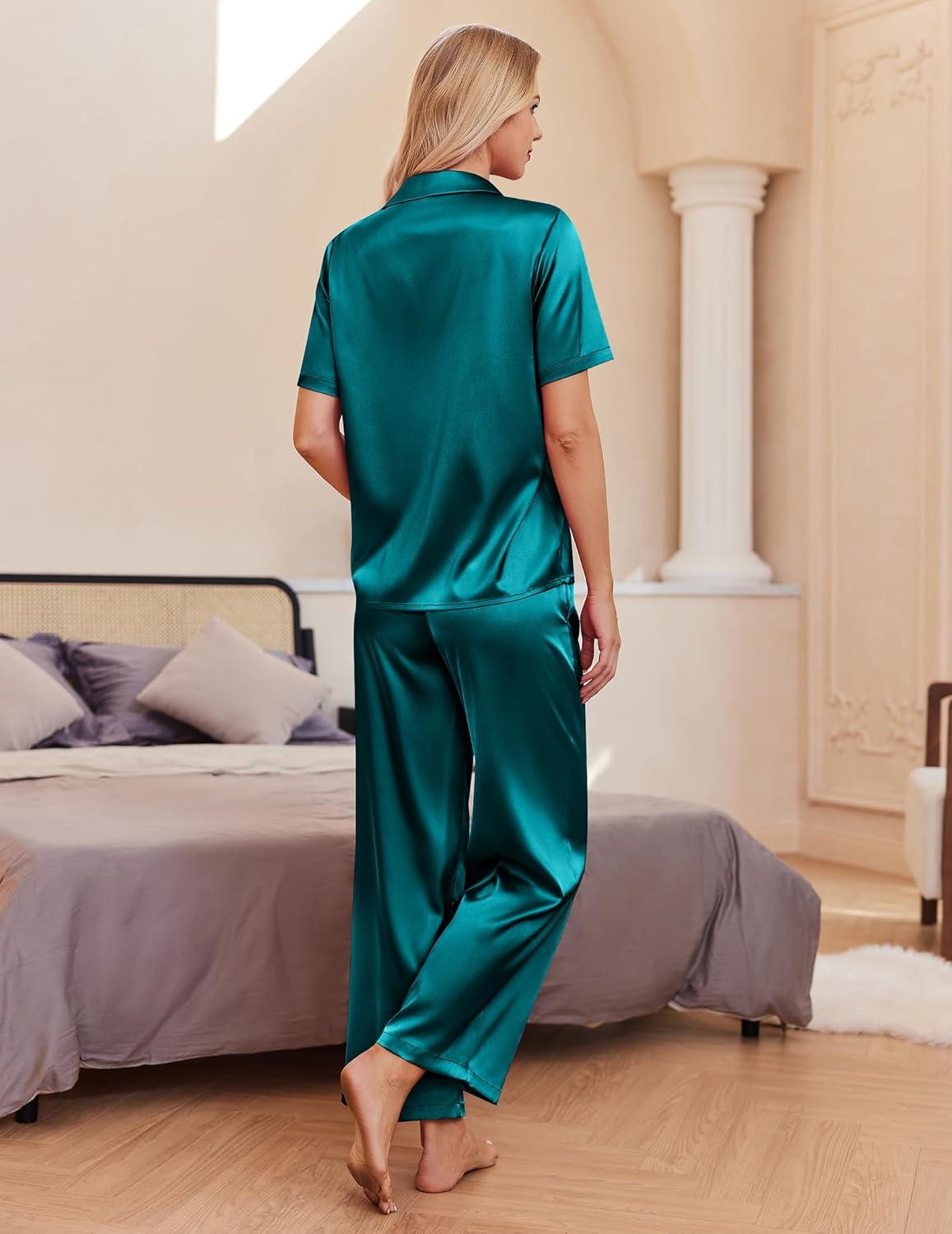 imageEkouaer Silk Pajamas for Womens Set 2 Piece Satin Pjs Soft Button Down Sleepwear Wide Leg Long Pants with PocketsBlue Green