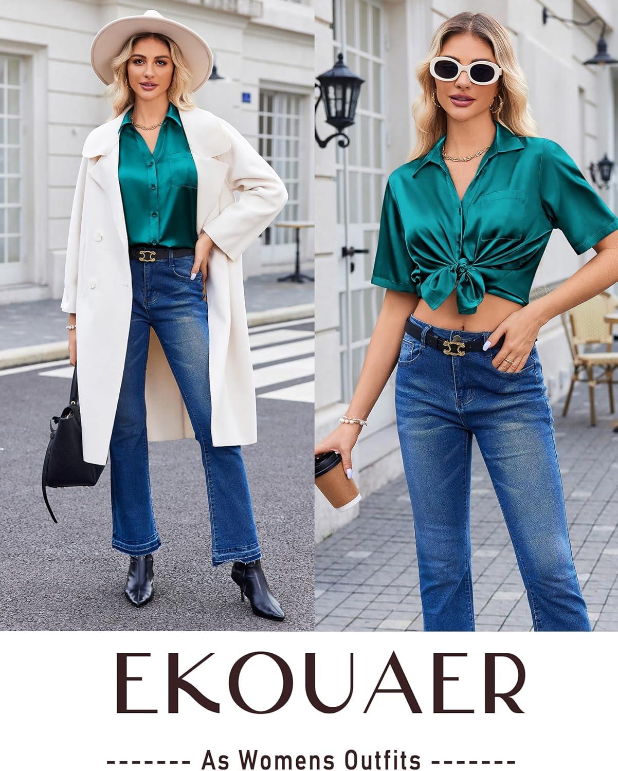 imageEkouaer Silk Pajamas for Womens Set 2 Piece Satin Pjs Soft Button Down Sleepwear Wide Leg Long Pants with PocketsBlue Green