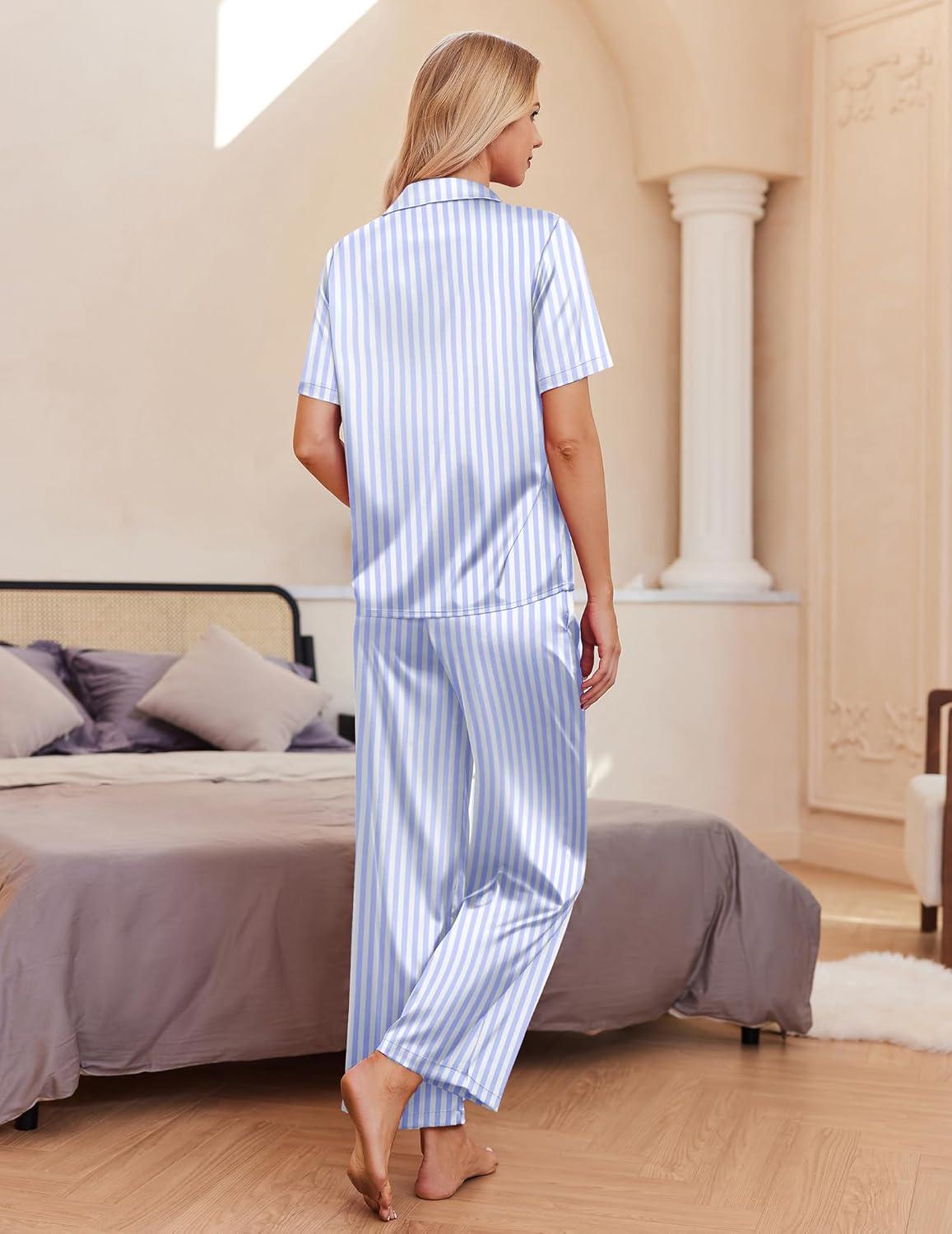 imageEkouaer Silk Pajamas for Womens Set 2 Piece Satin Pjs Soft Button Down Sleepwear Wide Leg Long Pants with PocketsBlue Striped