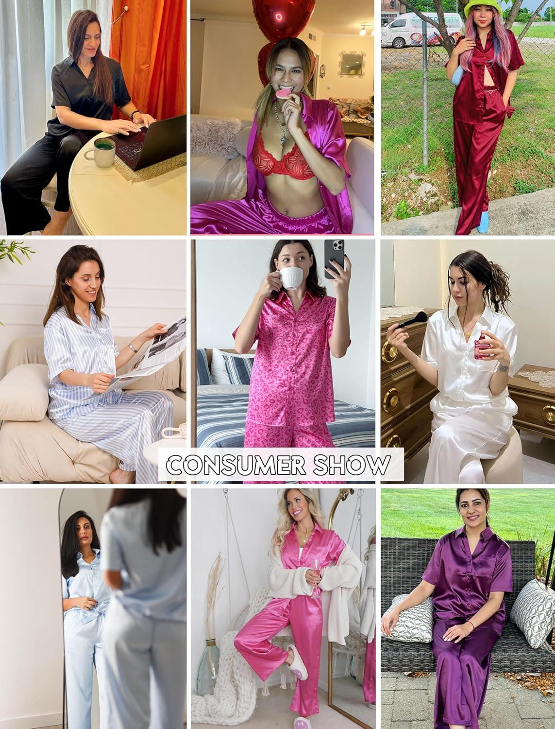 imageEkouaer Silk Pajamas for Womens Set 2 Piece Satin Pjs Soft Button Down Sleepwear Wide Leg Long Pants with PocketsBlue Striped