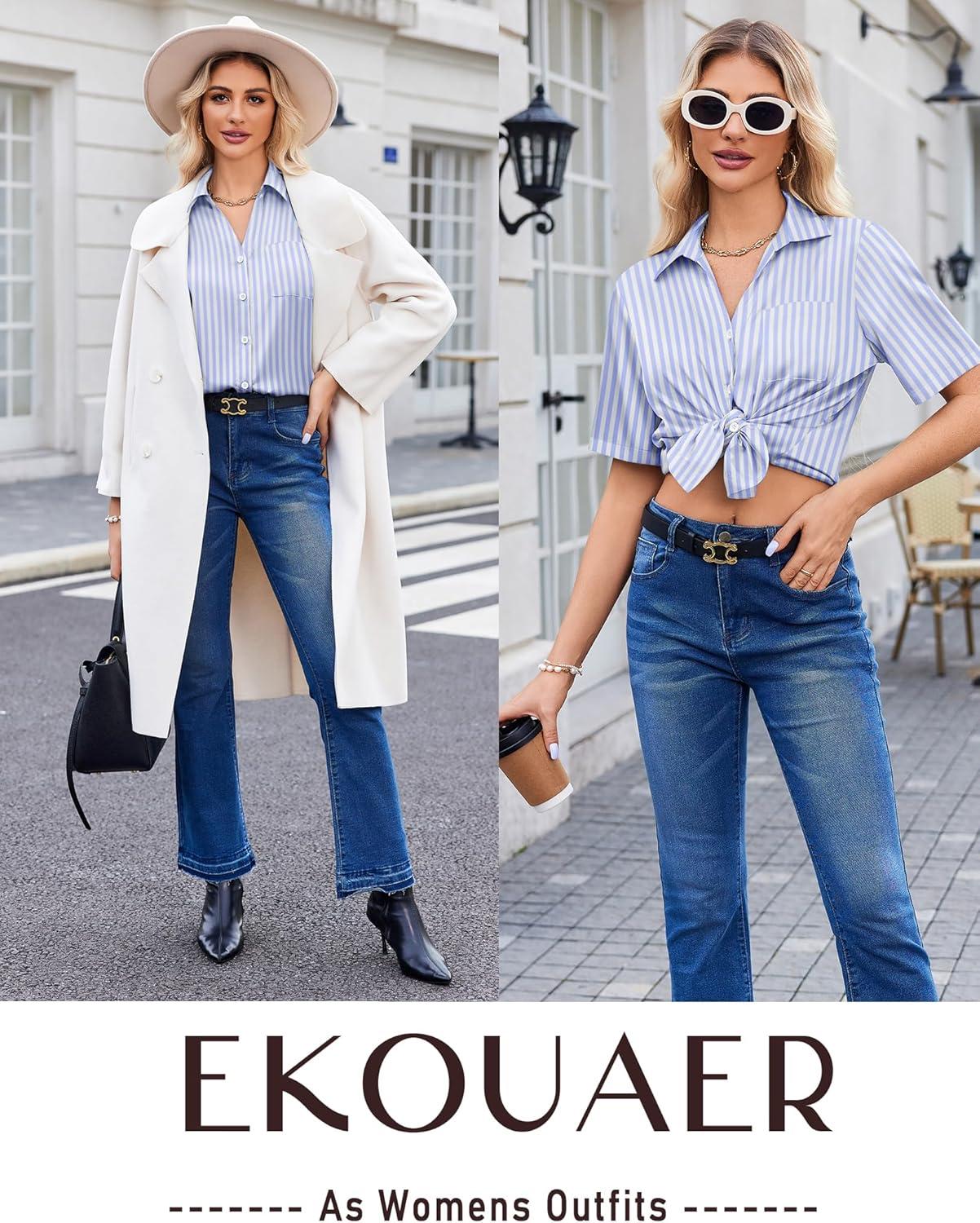 imageEkouaer Silk Pajamas for Womens Set 2 Piece Satin Pjs Soft Button Down Sleepwear Wide Leg Long Pants with PocketsBlue Striped