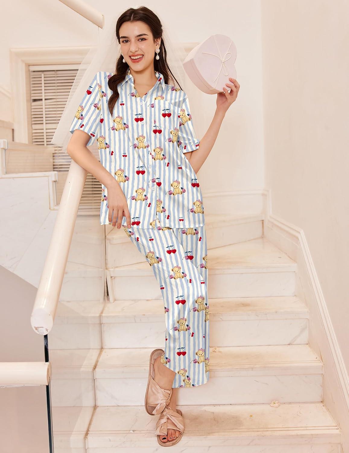 imageEkouaer Silk Pajamas for Womens Set 2 Piece Satin Pjs Soft Button Down Sleepwear Wide Leg Long Pants with PocketsBlue Striped Teddy