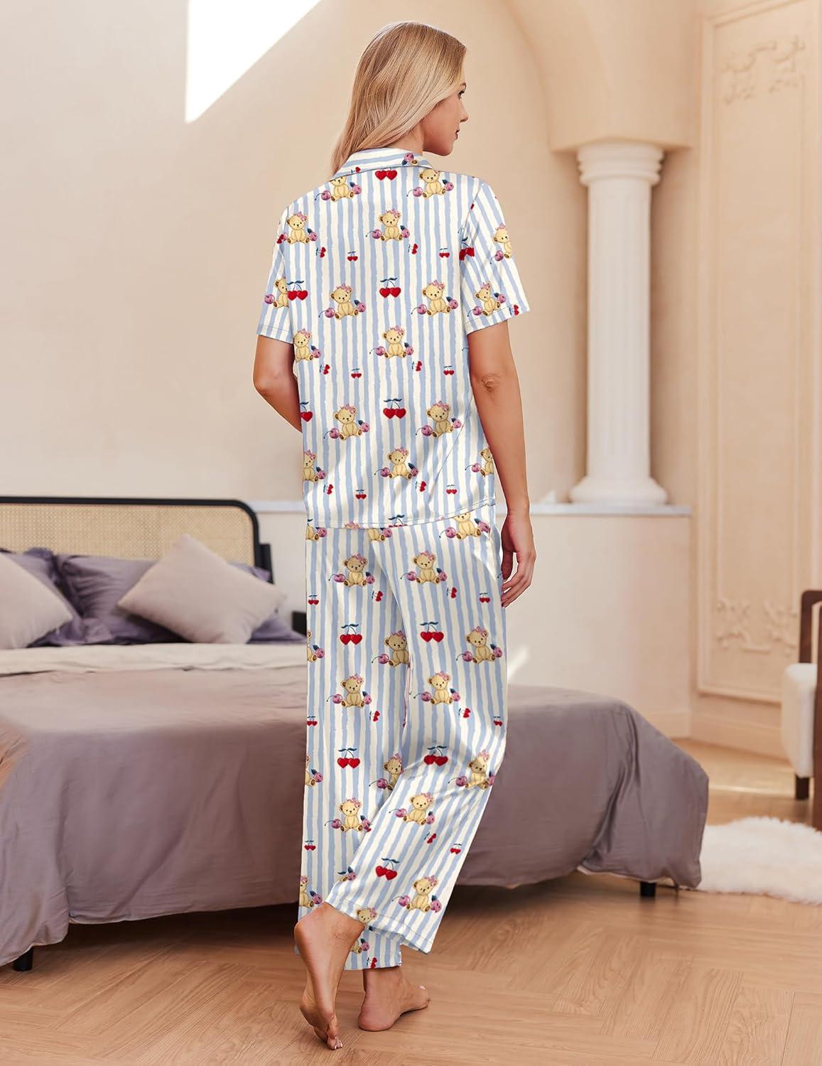 imageEkouaer Silk Pajamas for Womens Set 2 Piece Satin Pjs Soft Button Down Sleepwear Wide Leg Long Pants with PocketsBlue Striped Teddy