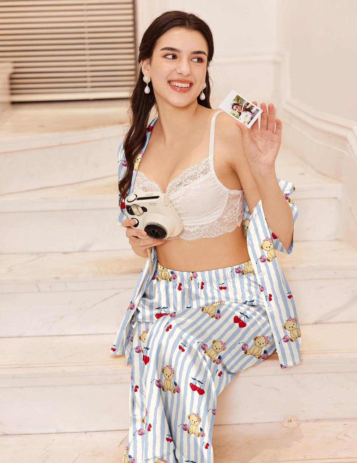 imageEkouaer Silk Pajamas for Womens Set 2 Piece Satin Pjs Soft Button Down Sleepwear Wide Leg Long Pants with PocketsBlue Striped Teddy