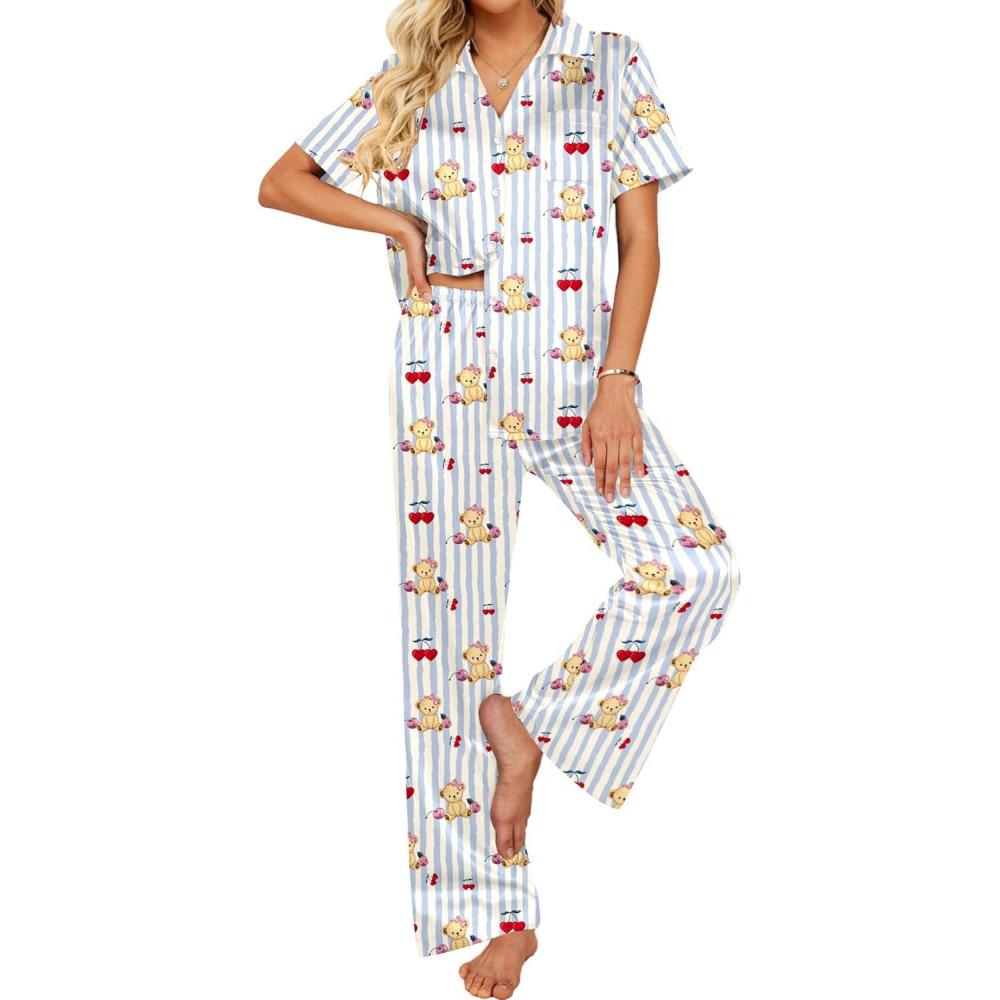 imageEkouaer Silk Pajamas for Womens Set 2 Piece Satin Pjs Soft Button Down Sleepwear Wide Leg Long Pants with PocketsBlue Striped Teddy