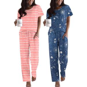 imageEkouaer 2 Pack Pajamas for Women Set Short Sleeve Sleepwear Top and Pants Pjs Soft Printed Lounge Sets with PocketsPink StripeStars Sky