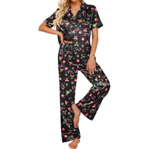 imageEkouaer Silk Pajamas for Womens Set 2 Piece Satin Pjs Soft Button Down Sleepwear Wide Leg Long Pants with PocketsBlackchristmas