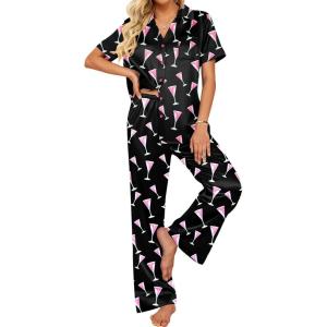 imageEkouaer Silk Pajamas for Womens Set 2 Piece Satin Pjs Soft Button Down Sleepwear Wide Leg Long Pants with PocketsBlackpink Wine Glass