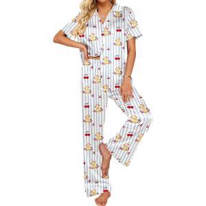 imageEkouaer Silk Pajamas for Womens Set 2 Piece Satin Pjs Soft Button Down Sleepwear Wide Leg Long Pants with PocketsBlue Striped Teddy