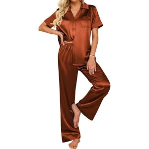 imageEkouaer Silk Pajamas for Womens Set 2 Piece Satin Pjs Soft Button Down Sleepwear Wide Leg Long Pants with PocketsCaramel