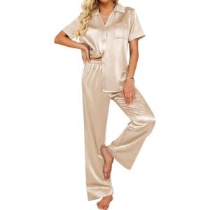 imageEkouaer Silk Pajamas for Womens Set 2 Piece Satin Pjs Soft Button Down Sleepwear Wide Leg Long Pants with PocketsChampagne