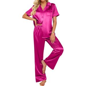 imageEkouaer Silk Pajamas for Womens Set 2 Piece Satin Pjs Soft Button Down Sleepwear Wide Leg Long Pants with PocketsHot Pink
