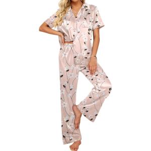 imageEkouaer Silk Pajamas for Womens Set 2 Piece Satin Pjs Soft Button Down Sleepwear Wide Leg Long Pants with PocketsKhakiflower