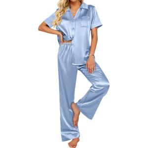 imageEkouaer Silk Pajamas for Womens Set 2 Piece Satin Pjs Soft Button Down Sleepwear Wide Leg Long Pants with PocketsLight Blue