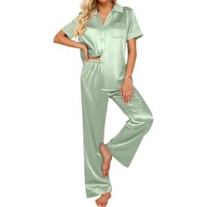 imageEkouaer Silk Pajamas for Womens Set 2 Piece Satin Pjs Soft Button Down Sleepwear Wide Leg Long Pants with PocketsLight Green