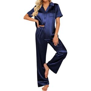 imageEkouaer Silk Pajamas for Womens Set 2 Piece Satin Pjs Soft Button Down Sleepwear Wide Leg Long Pants with PocketsNavy Blue