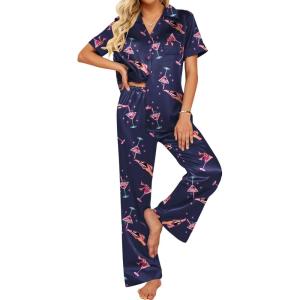 imageEkouaer Silk Pajamas for Womens Set 2 Piece Satin Pjs Soft Button Down Sleepwear Wide Leg Long Pants with PocketsNavypink Wine Glass