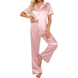 imageEkouaer Silk Pajamas for Womens Set 2 Piece Satin Pjs Soft Button Down Sleepwear Wide Leg Long Pants with PocketsPink