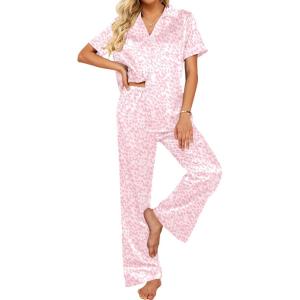 imageEkouaer Silk Pajamas for Womens Set 2 Piece Satin Pjs Soft Button Down Sleepwear Wide Leg Long Pants with PocketsPink Leopard
